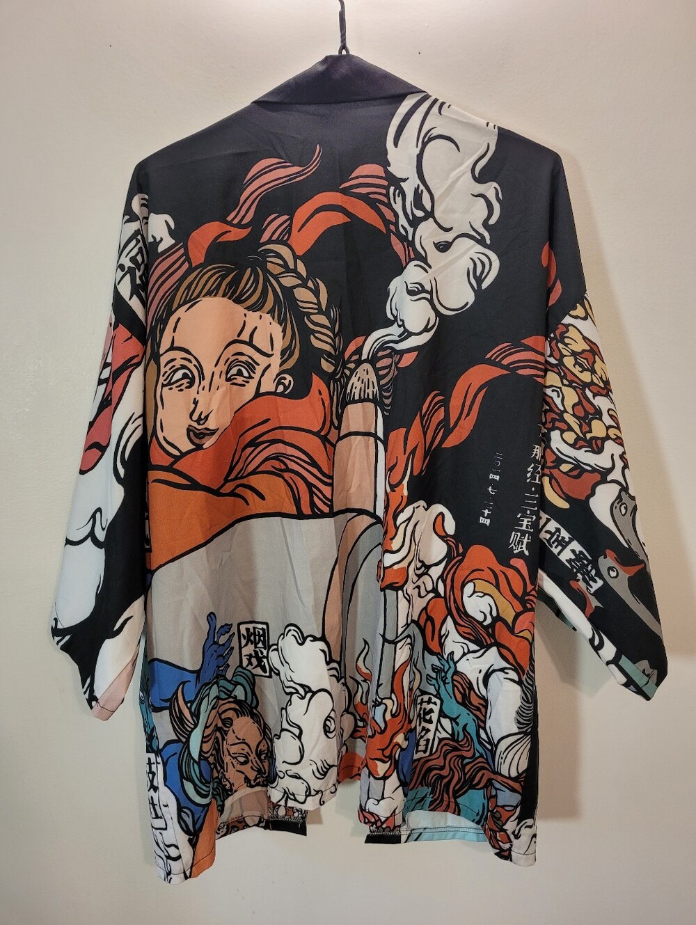 Graphic Print Open-Front Kimono Cardigan Jacket - Black & Orange- Free Size